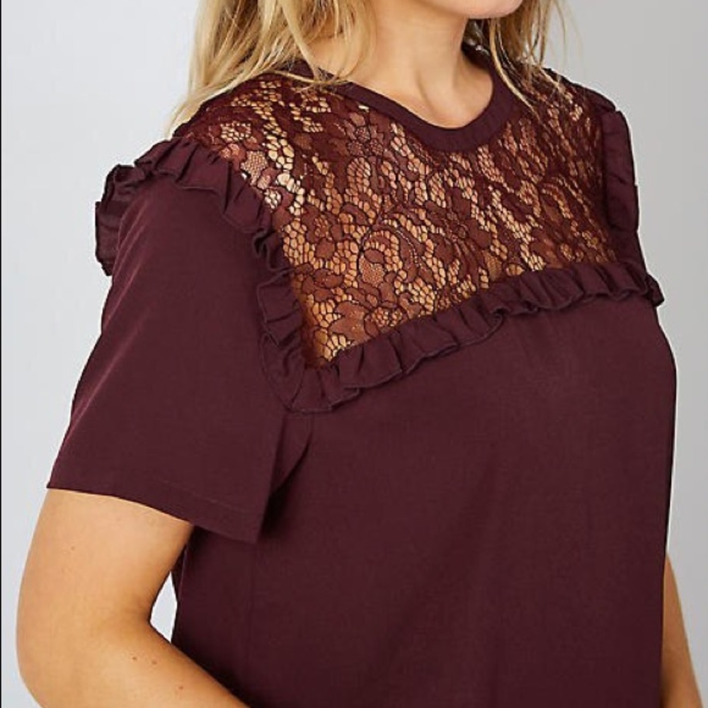 NWT French Connection Lace Yoke Burgundy Top Small - Picture 2 of 8